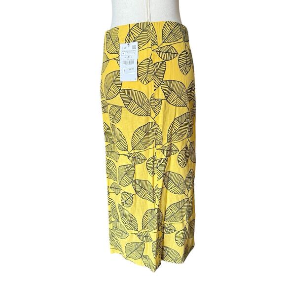 Zara Yellow Leaf Print Slit Midi Skirt High Waist Linen Blend M - Picture 6 of 9